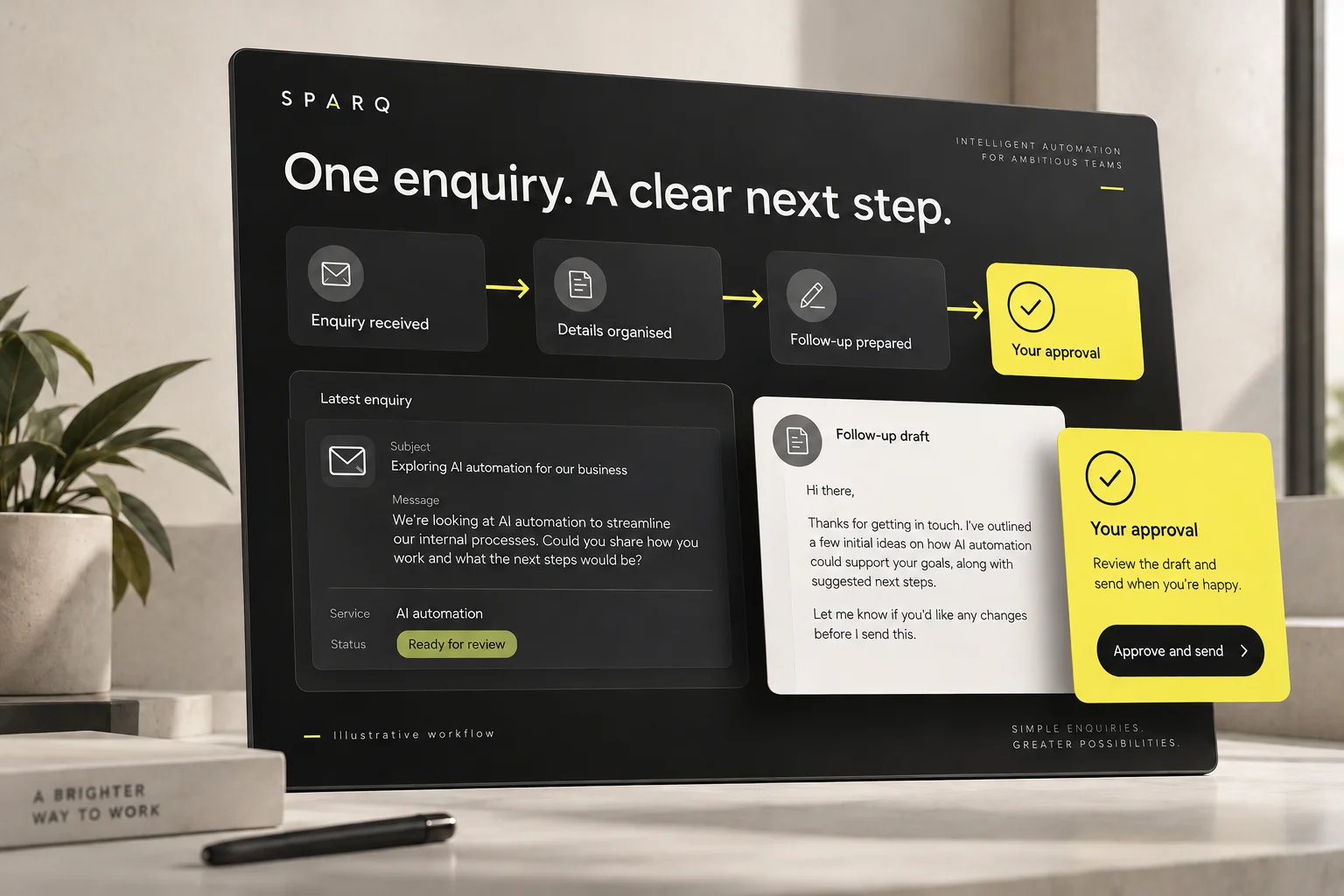 Illustrative enquiry workflow: enquiry received, details organised, follow-up prepared, then your approval.