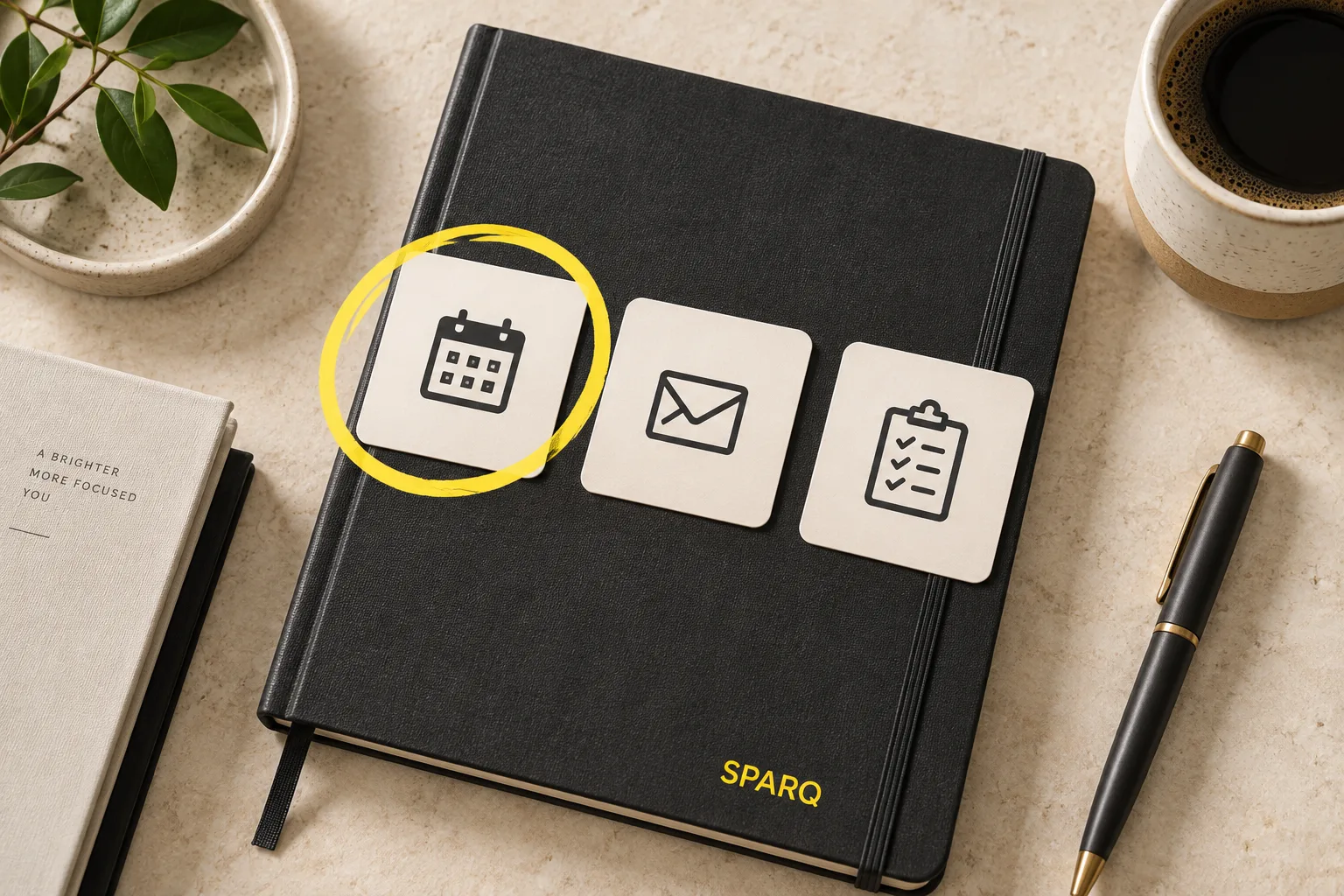 Calendar, email and checklist cards on a SPARQ notebook, with the calendar selected in yellow.