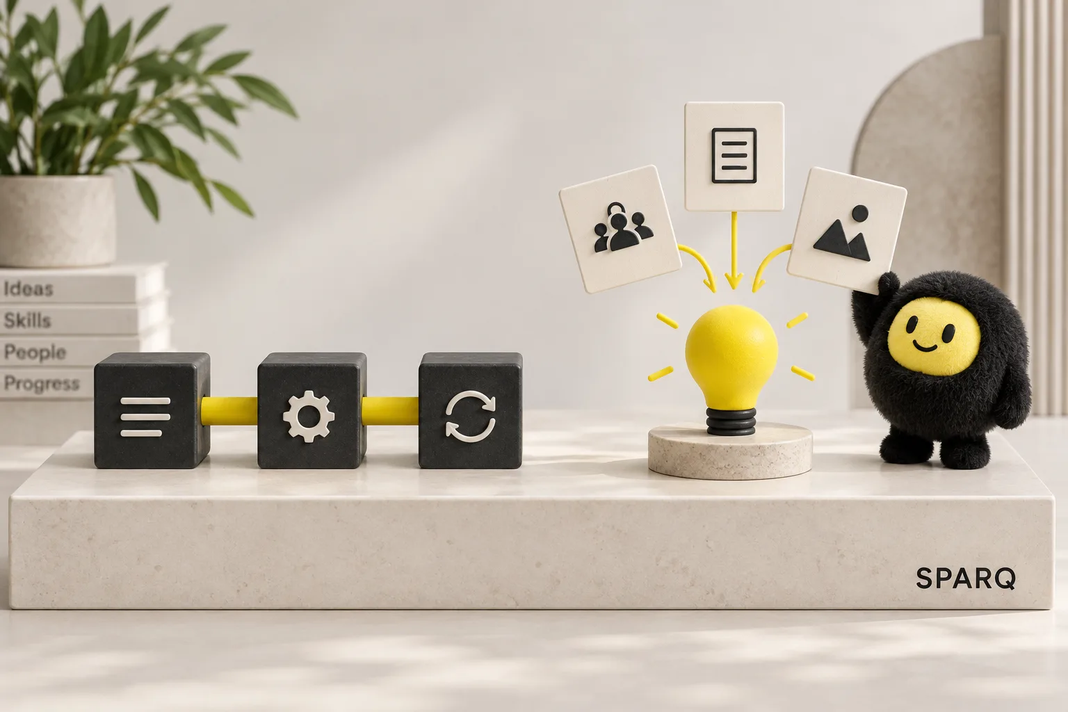 A sequence of connected blocks beside idea cards and a lightbulb, with the SPARQ character holding a card.