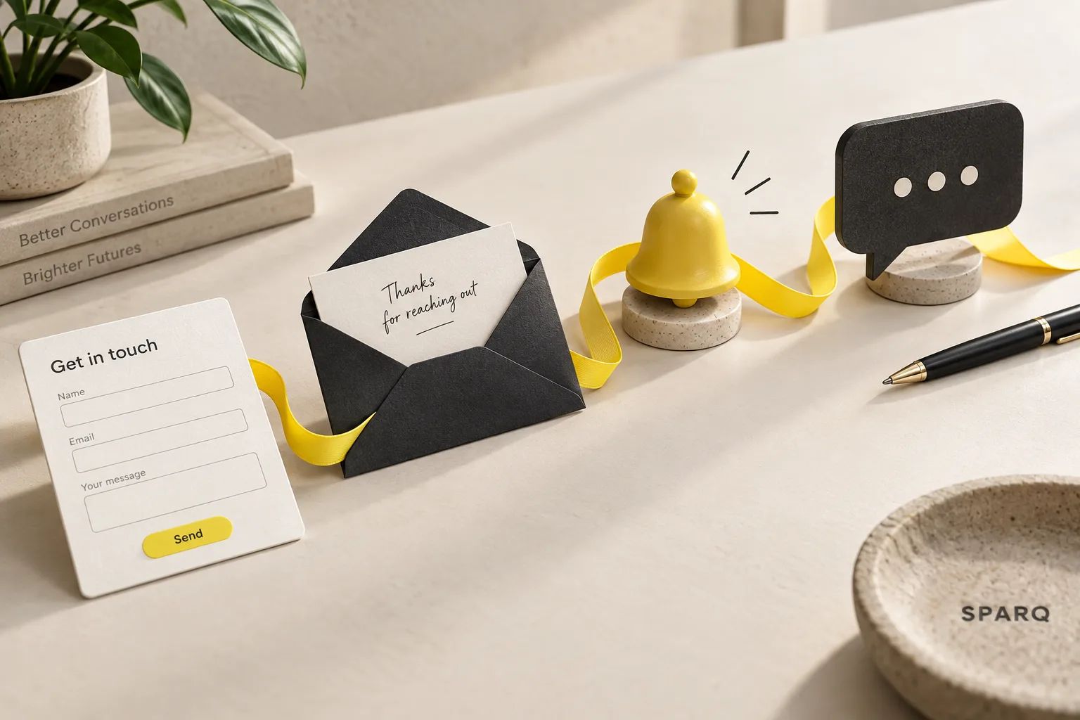 A contact form, acknowledgement envelope, notification bell and conversation bubble connected by a yellow ribbon.
