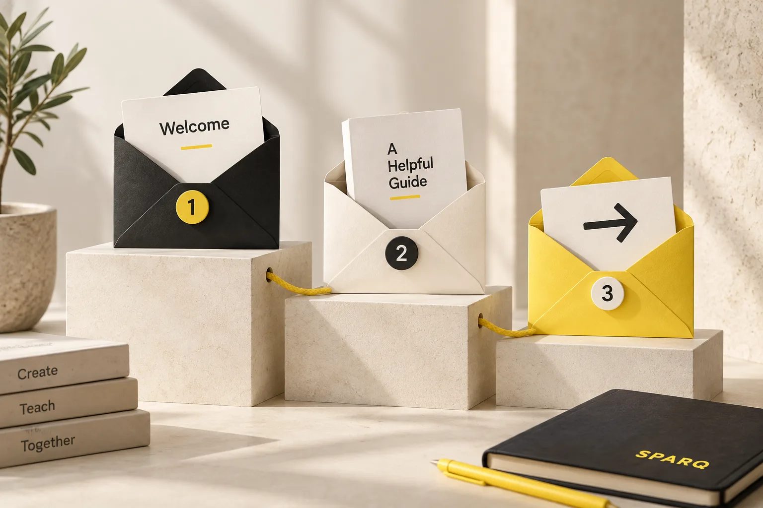 Three envelopes representing a welcome, helpful guide and next step.