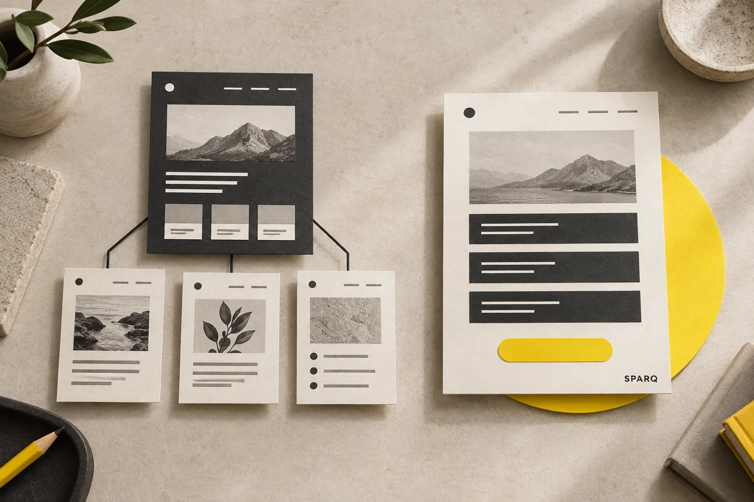 Paper models comparing a website with several pages and one focused landing page.