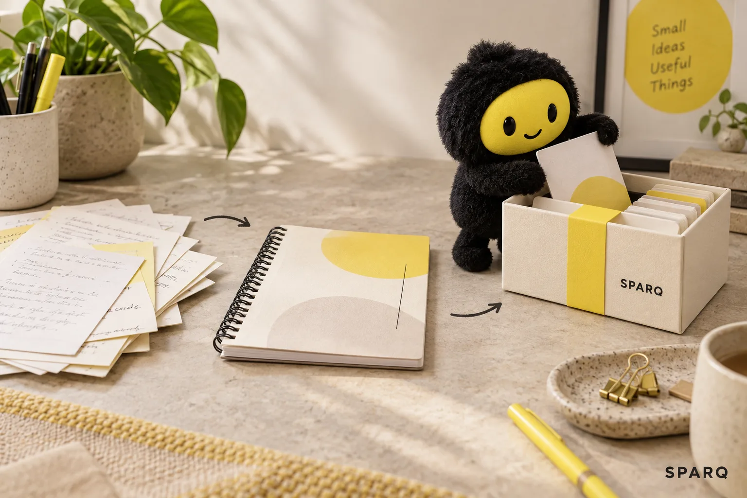 Notes becoming a workbook and toolkit, with the SPARQ character arranging cards.