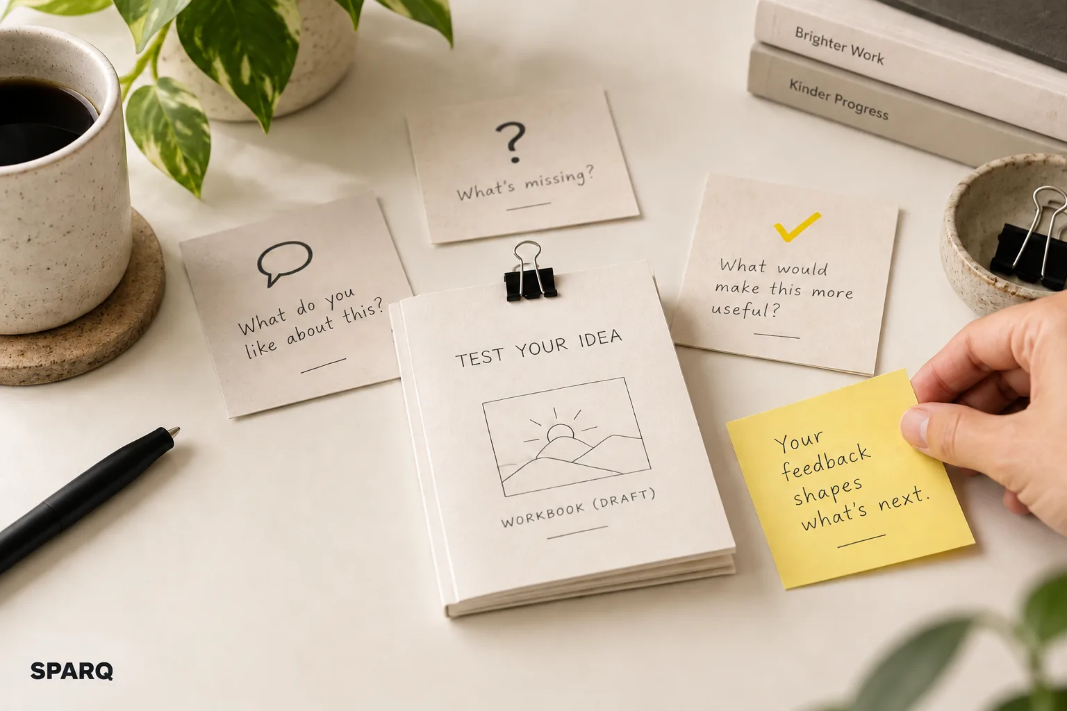 A draft workbook surrounded by feedback questions and a yellow note.