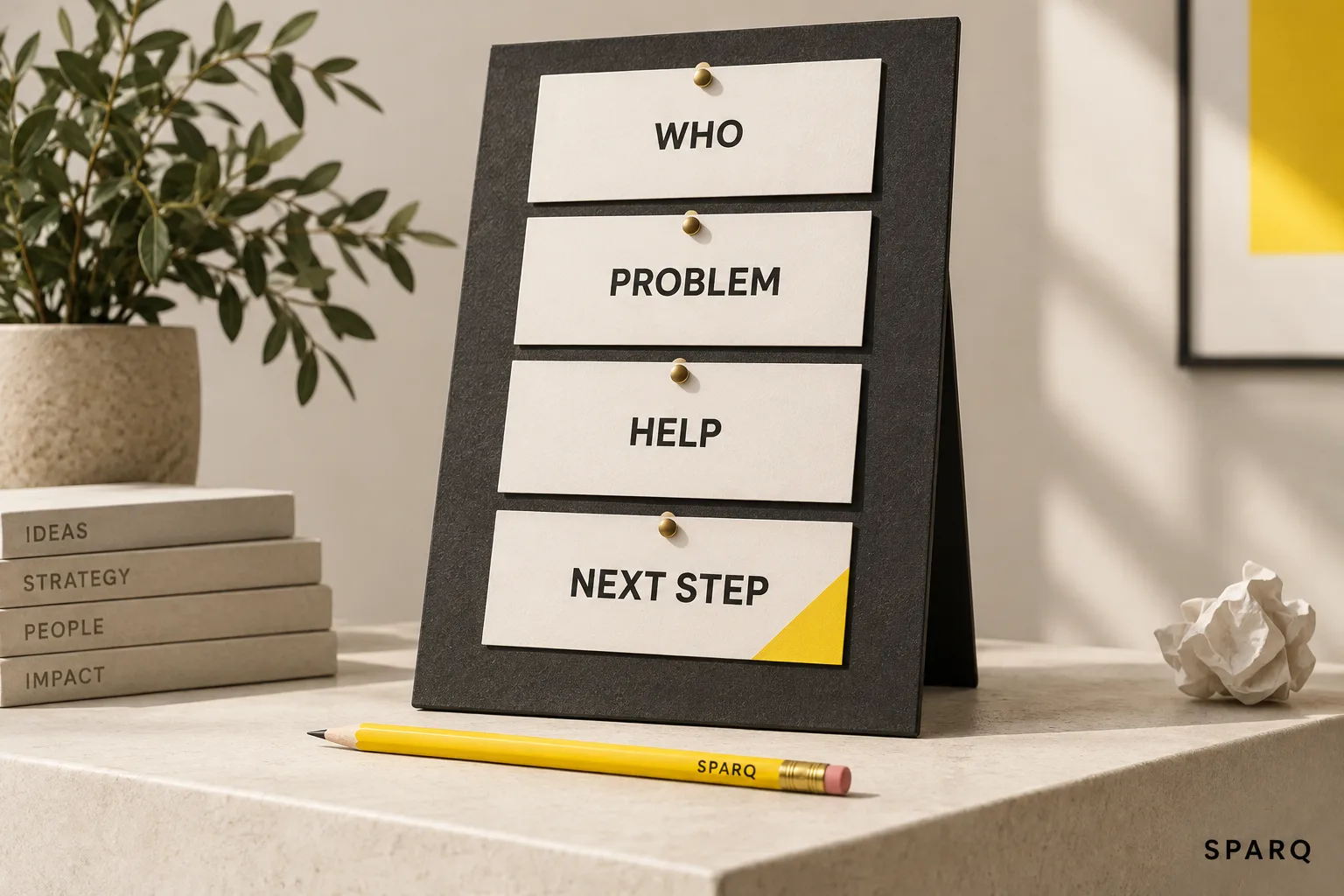 Four cards on a planning board labelled Who, Problem, Help and Next Step.