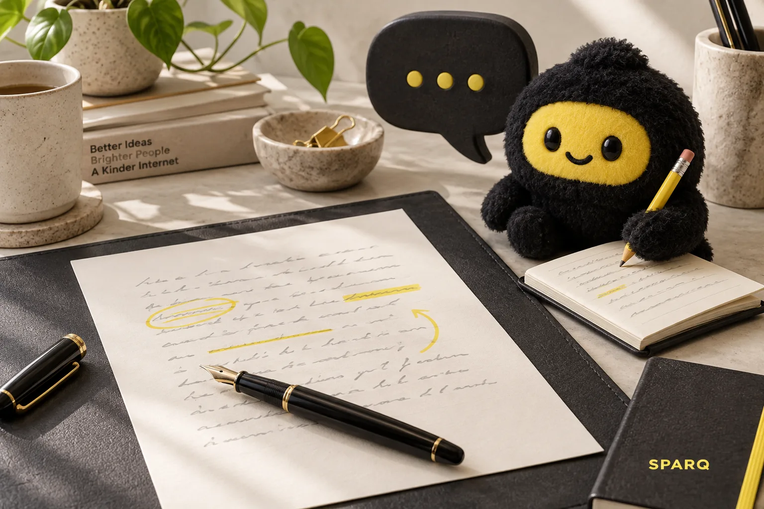 The SPARQ character writing beside an edited manuscript and speech bubble.