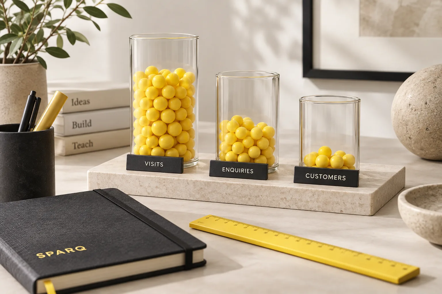 Three glass containers labelled Visits, Enquiries and Customers with decreasing amounts of yellow balls.