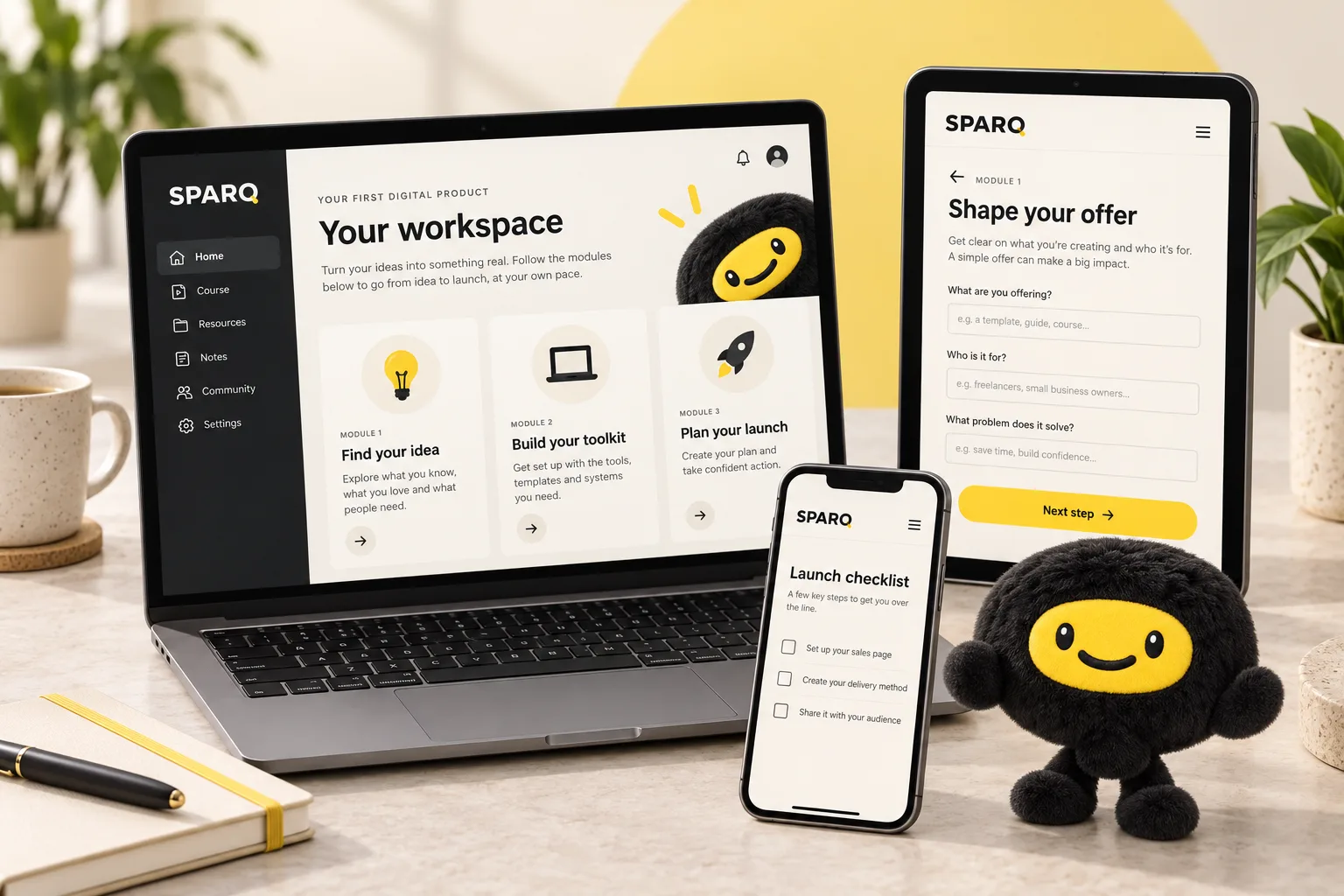 SPARQ toolkit illustrated across a laptop, tablet and phone, alongside the SPARQ character