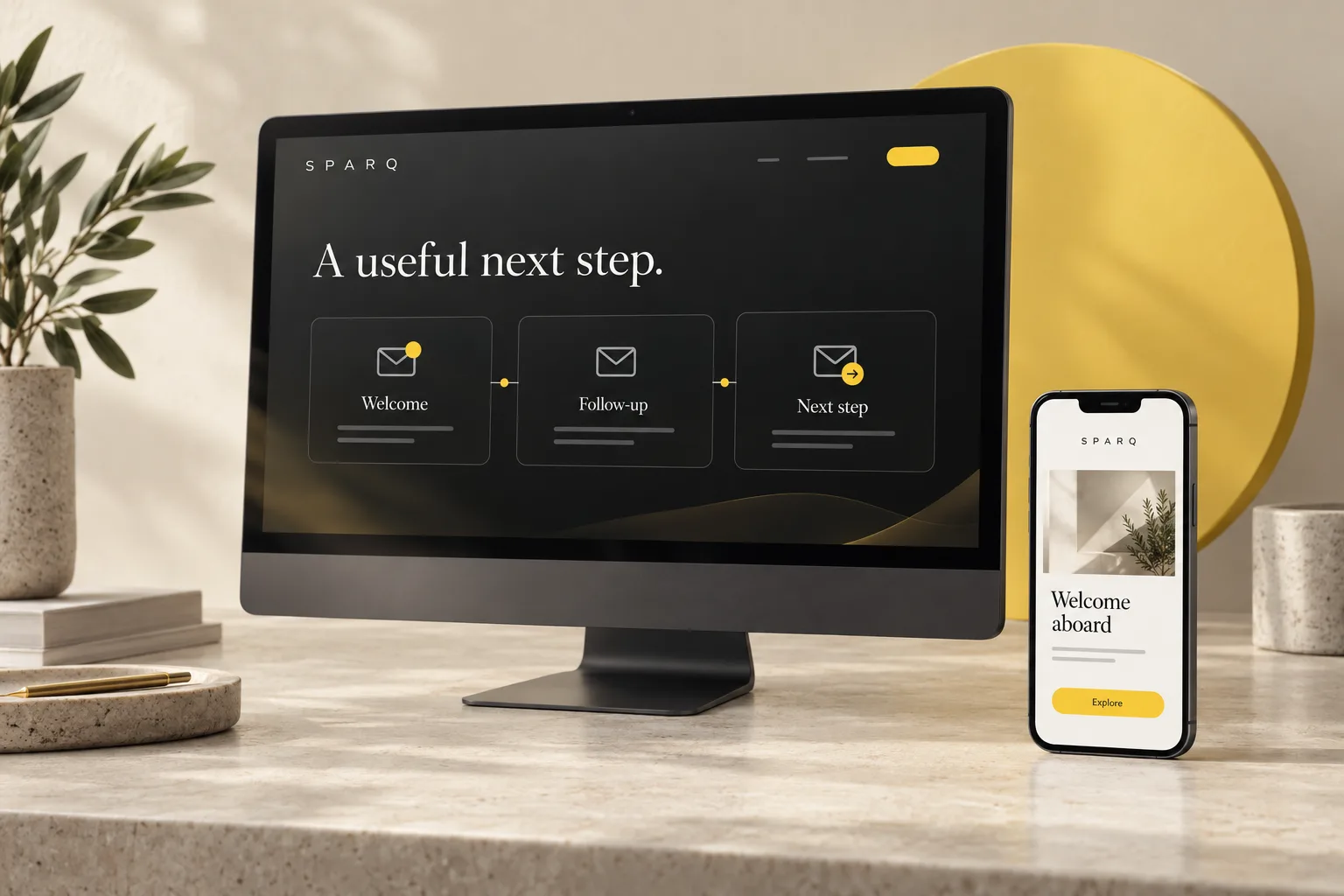 Illustrative email sequence on a desktop monitor with a welcome email on a phone